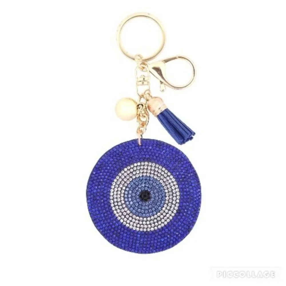 Round Evil Eye Rhinestone Puffy Tassel Key Chain Purse Charm